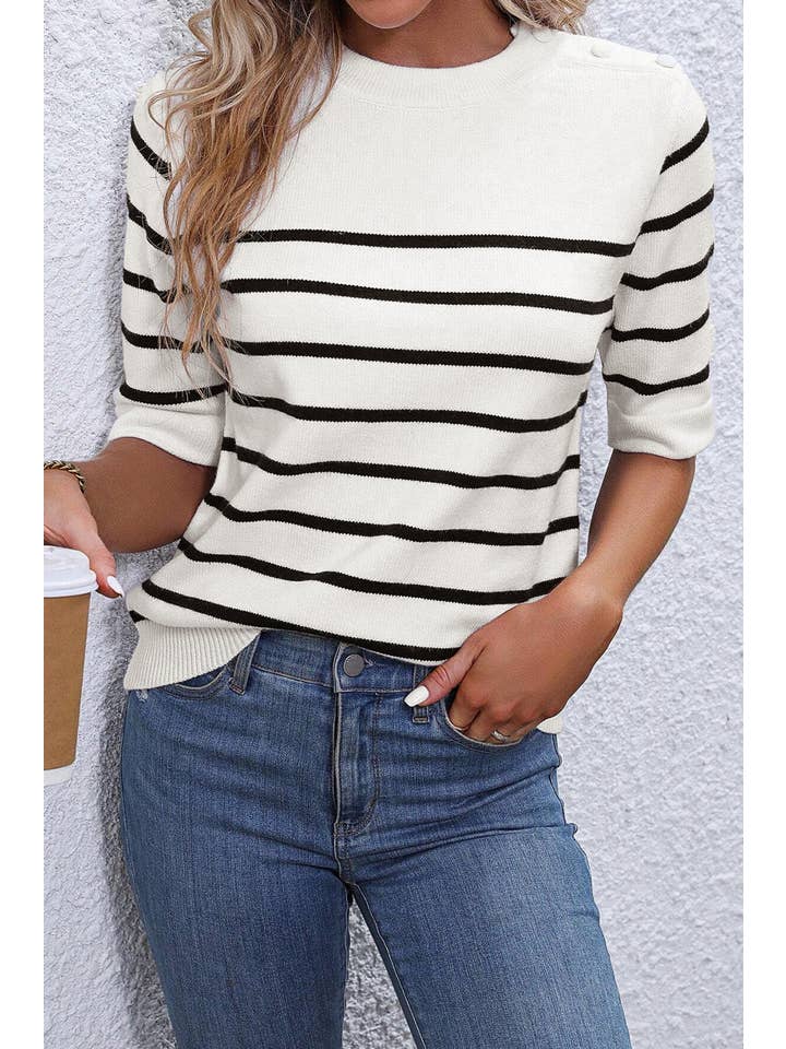 DAY TO NIGHT Striped Sweater Tee w. Button Detailing