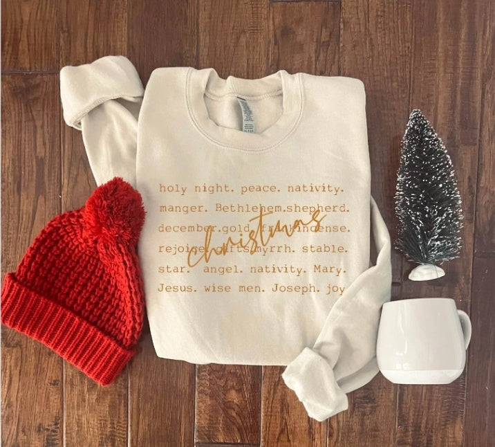 Nativity Words Christmas Sweatshirt Gold Font