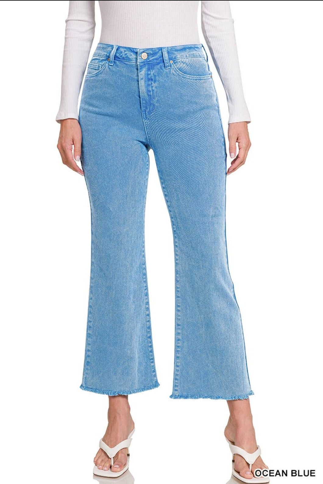 Vibes-Acid Washed, High Waisted, Frayed Hem Bootcut Denim Jeans