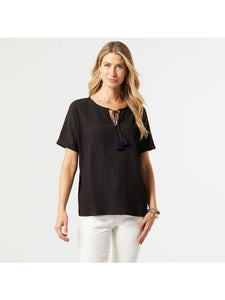 Tinto Crinkle Gauze Tassel Top in Black