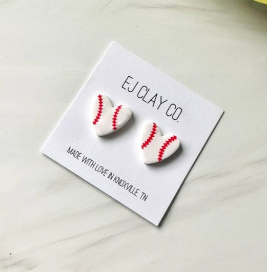 EJ Clay Baseball Heart Stud Earrings